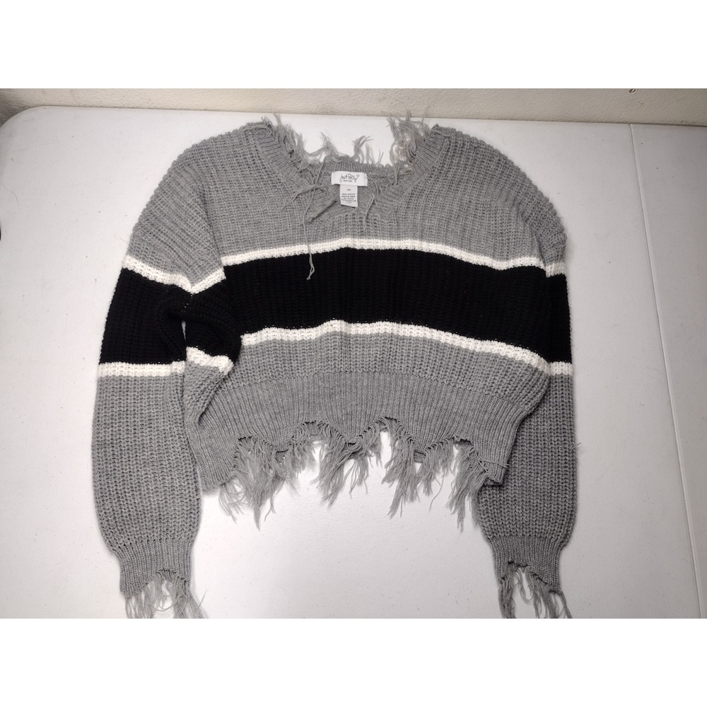 Just Polly New York Distressed Cropped Sweater XS Grey Black Stripe Shaker Knit